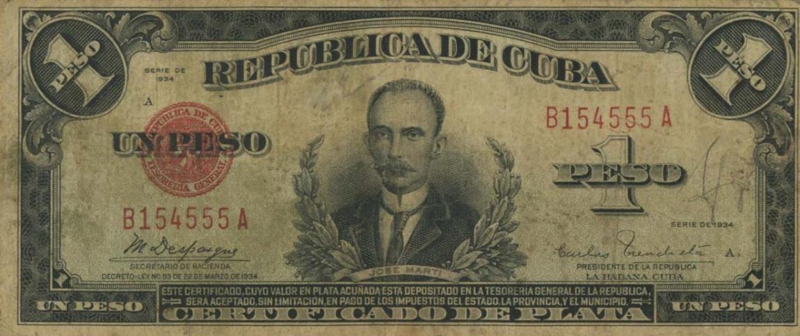 Front of Cuba p69a: 1 Peso from 1934