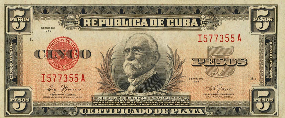 Front of Cuba p70g: 5 Pesos from 1948