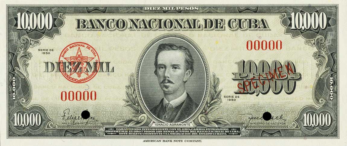 Front of Cuba p85s: 10000 Pesos from 1950