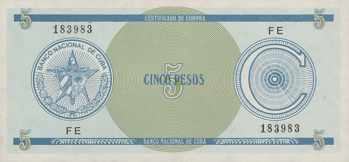 Front of Cuba pFX13: 5 Pesos from 1987