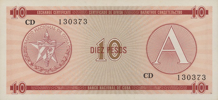 Front of Cuba pFX4: 10 Pesos from 1985
