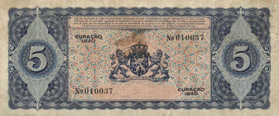Back of Curacao p15: 5 Gulden from 1930