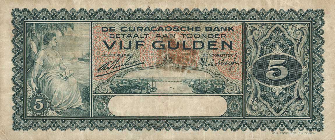 Front of Curacao p15: 5 Gulden from 1930