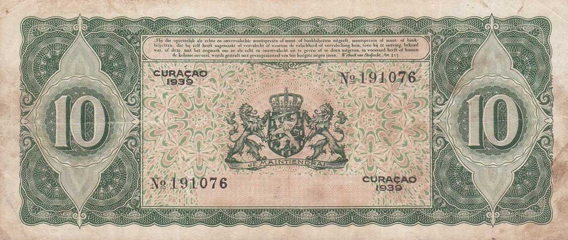 Back of Curacao p23: 10 Gulden from 1939