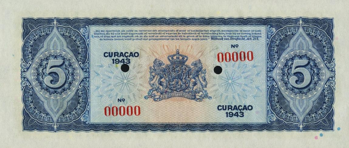 Back of Curacao p25s: 5 Gulden from 1943