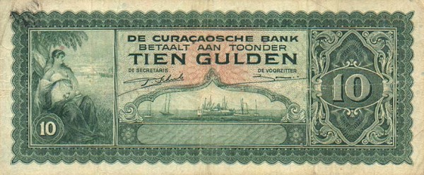Front of Curacao p26a: 10 Gulden from 1943