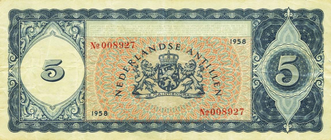 Back of Curacao p45a: 5 Gulden from 1958