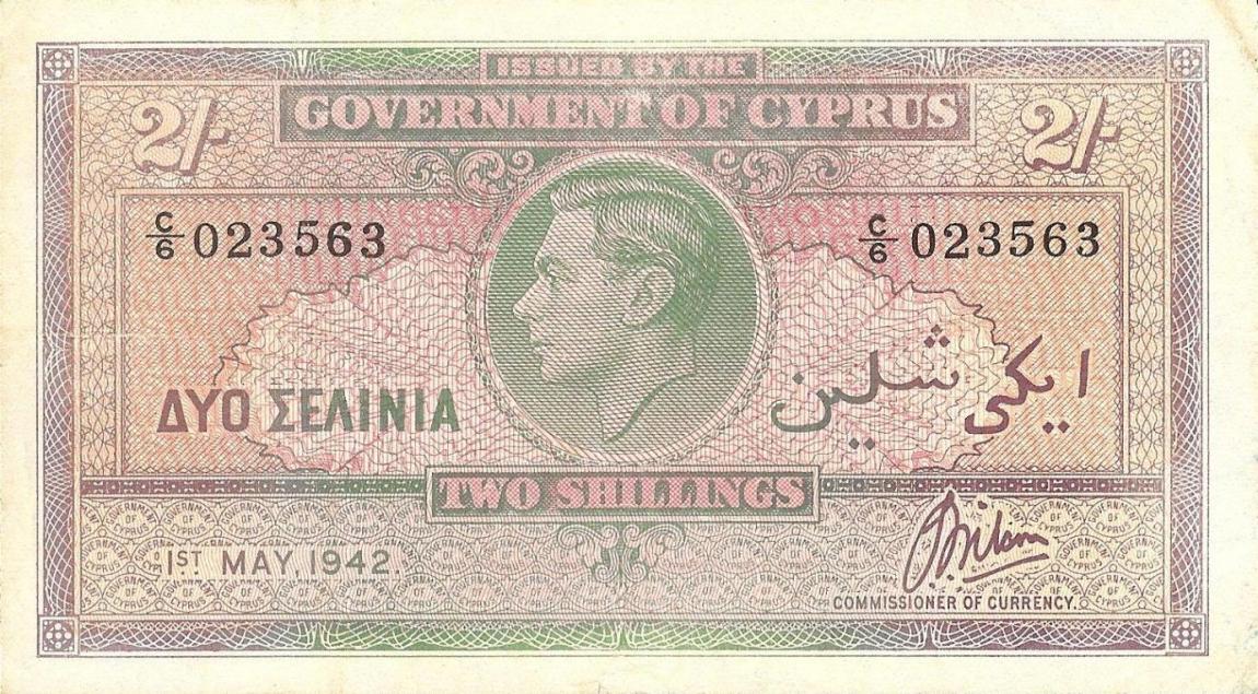 Front of Cyprus p21: 2 Shillings from 1939