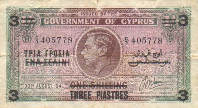 Front of Cyprus p26: 3 Piastres from 1943