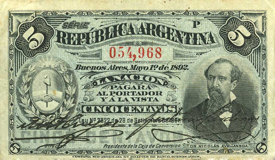 Front of Argentina p213: 5 Centavos from 1892