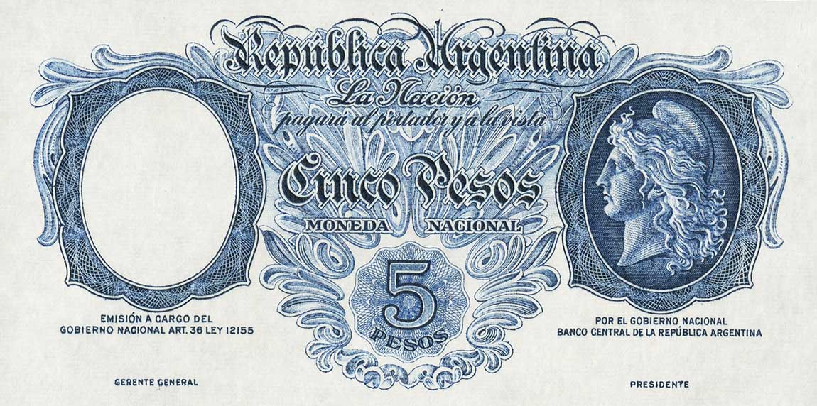 Front of Argentina p249B: 5 Pesos from 1938