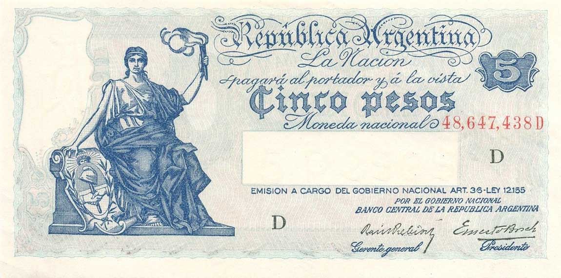 Front of Argentina p252a: 5 Pesos from 1935