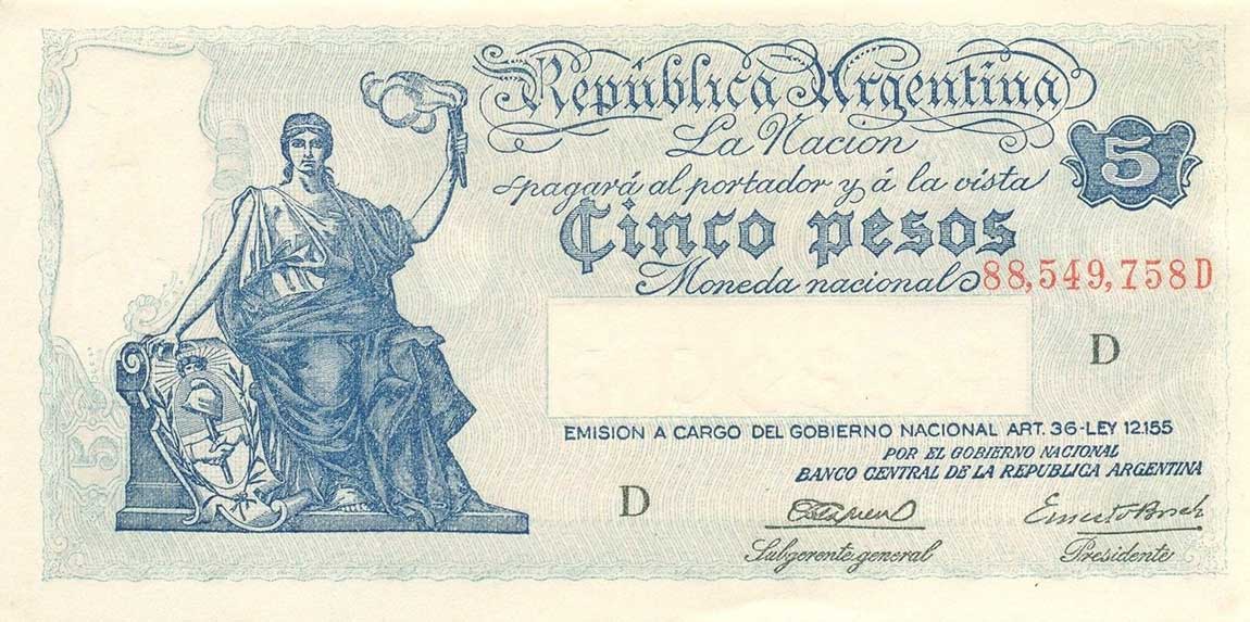 Front of Argentina p252b: 5 Pesos from 1935