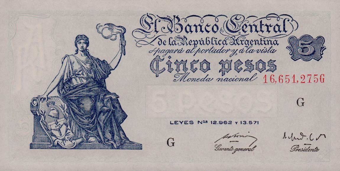 Front of Argentina p264c: 5 Pesos from 1951