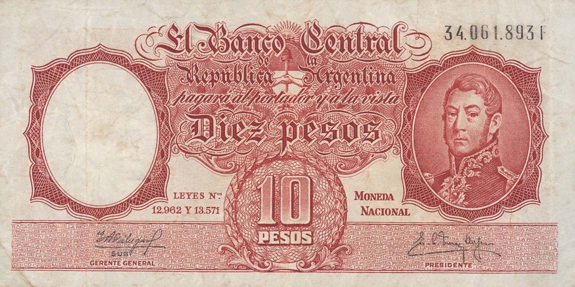 Front of Argentina p270c: 10 Pesos from 1954