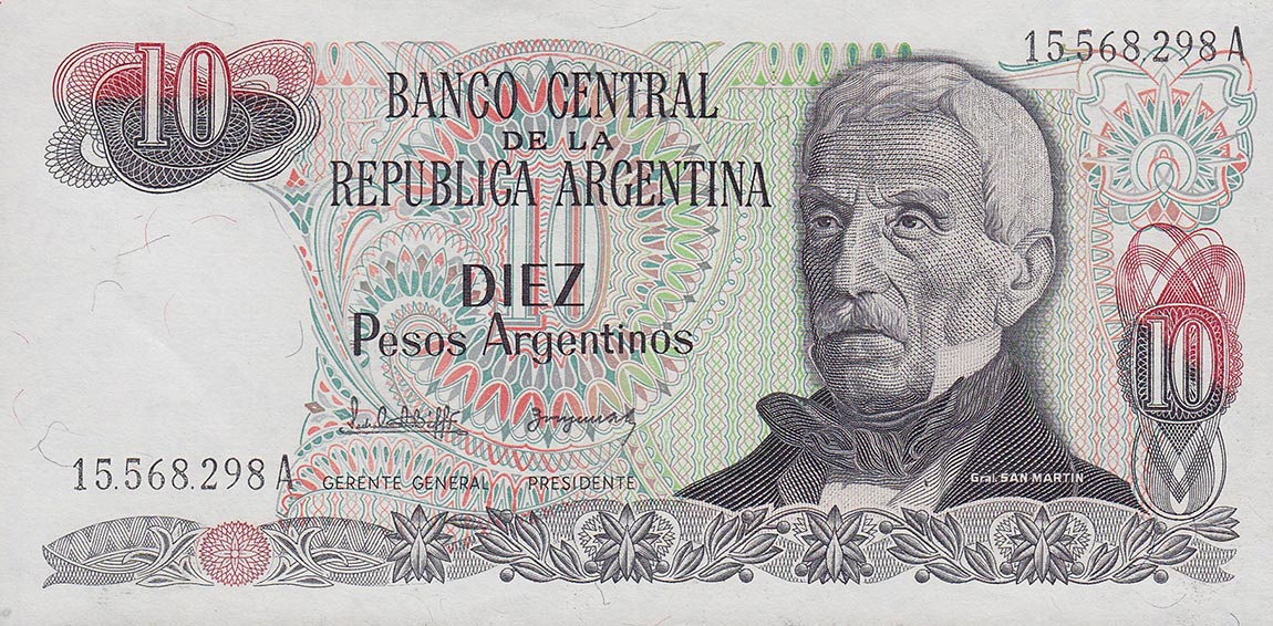 Front of Argentina p313a: 10 Peso Argentino from 1983