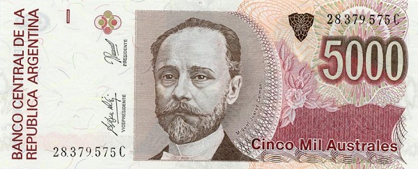 Front of Argentina p330e: 5000 Austral from 1989