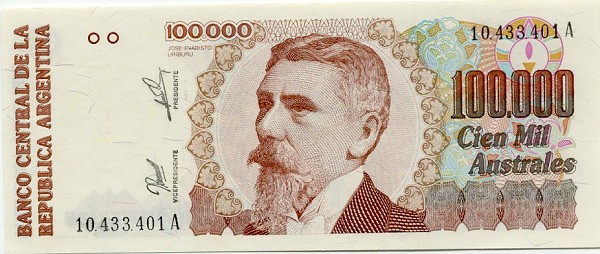 Front of Argentina p336: 100000 Austral from 1990