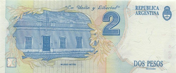 Back of Argentina p340b: 2 Pesos from 1992