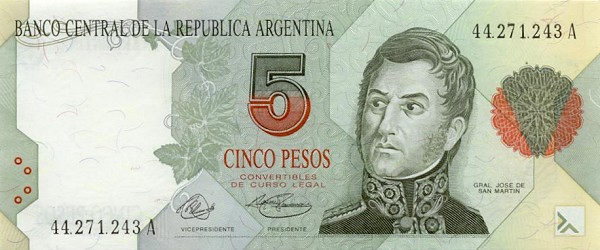 Front of Argentina p341a: 5 Pesos from 1992