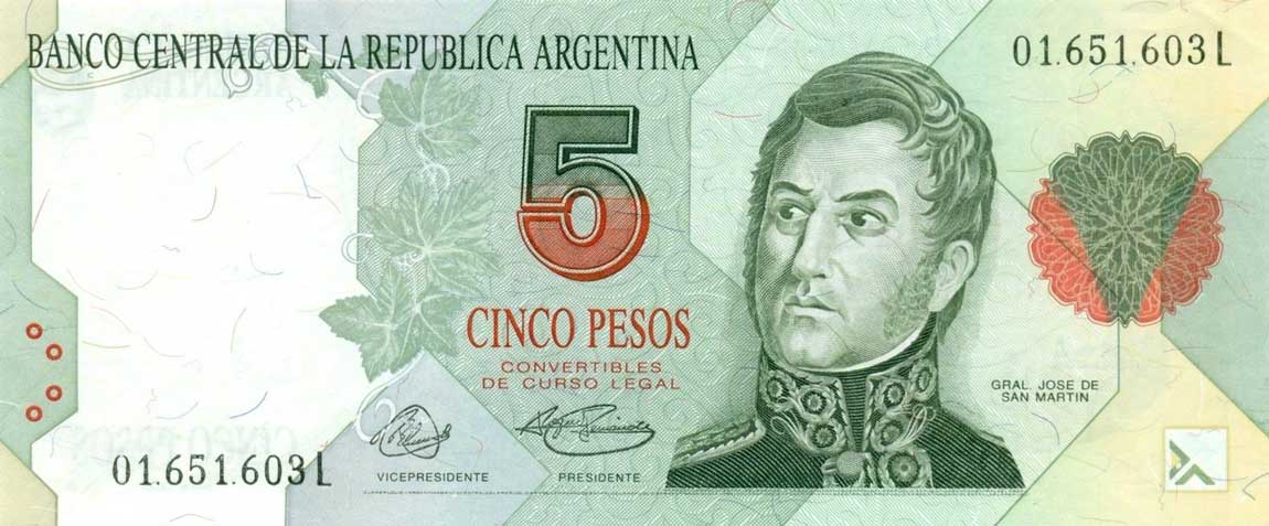 Front of Argentina p341c: 5 Pesos from 1992