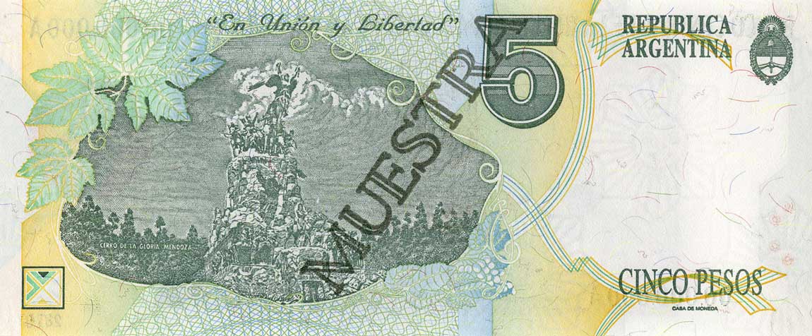 Back of Argentina p341s: 5 Pesos from 1992