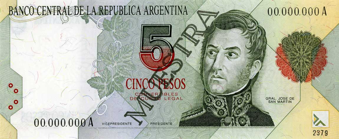 Front of Argentina p341s: 5 Pesos from 1992