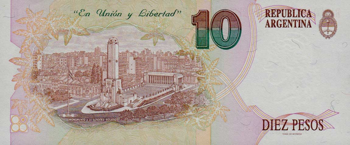 Back of Argentina p342b: 10 Pesos from 1992