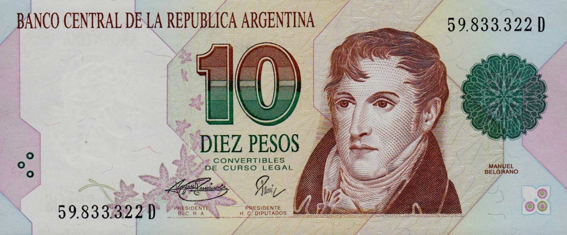 Front of Argentina p342b: 10 Pesos from 1992