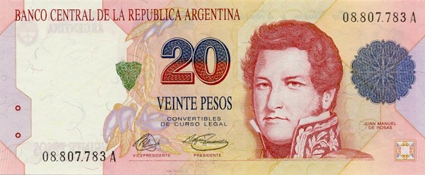 Front of Argentina p343a: 20 Pesos from 1992