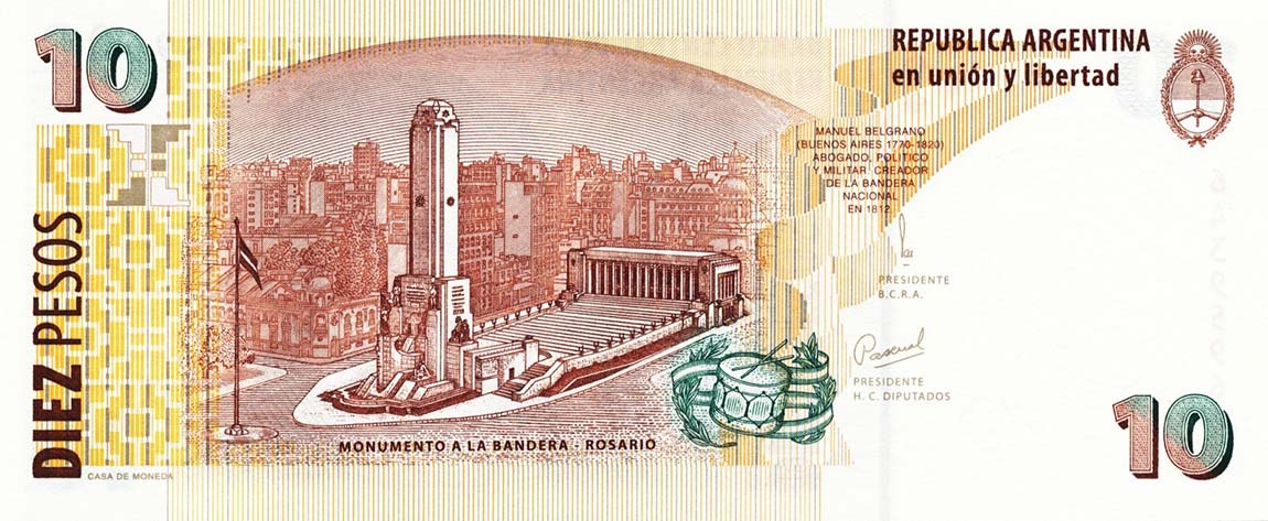 Back of Argentina p348a: 10 Pesos from 1998