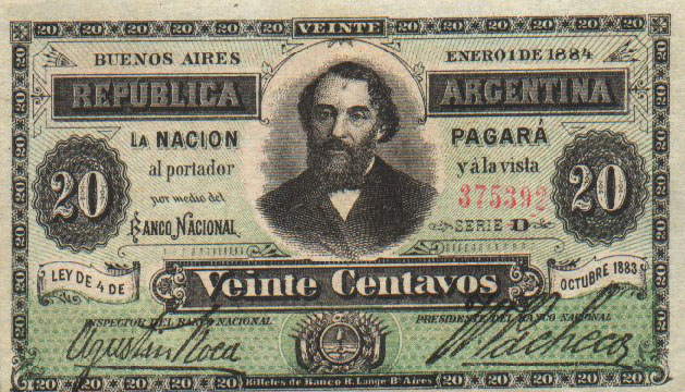 Front of Argentina p3: 20 Centavos from 1884