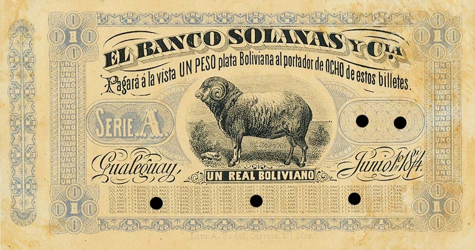 Front of Argentina pS1912r: 1 Real Plata Boliviana from 1874