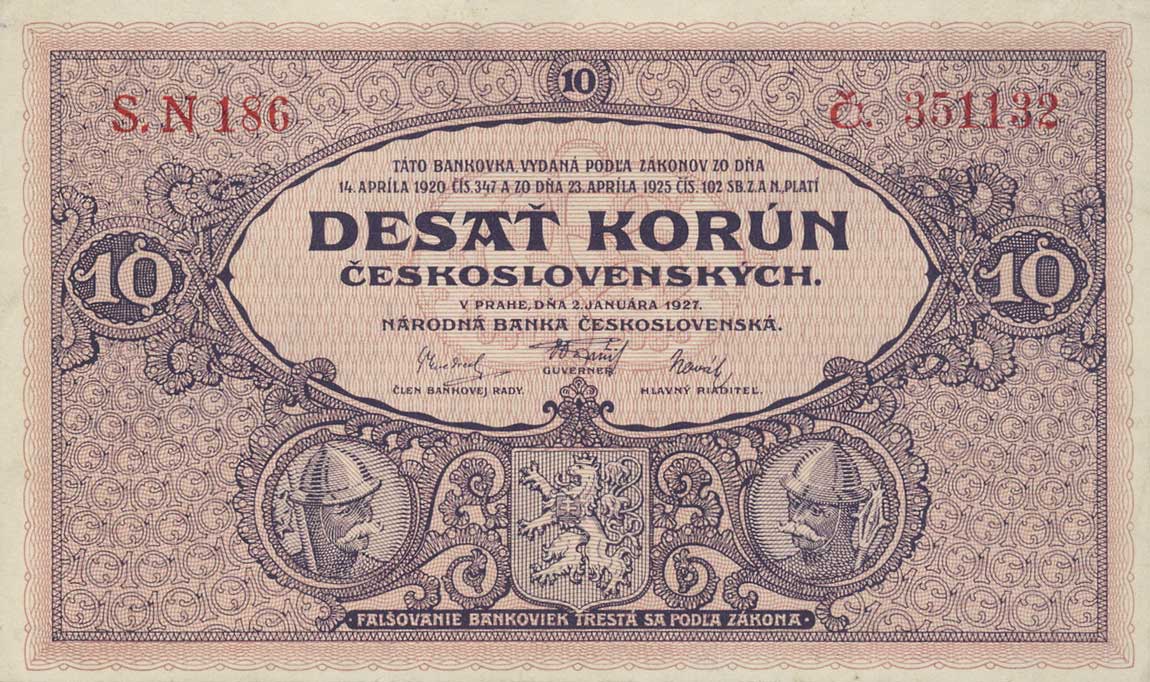 Front of Czechoslovakia p20a: 10 Korun from 1927