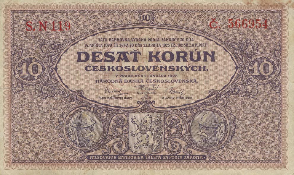Front of Czechoslovakia p20e: 10 Korun from 1927