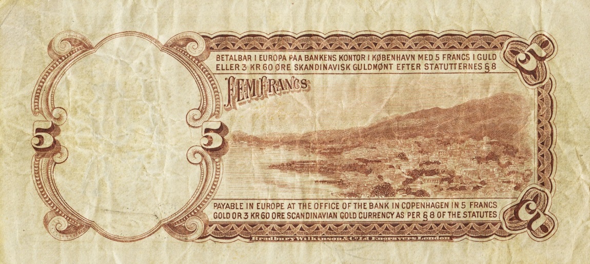 Back of Danish West Indies p17: 5 Francs from 1905