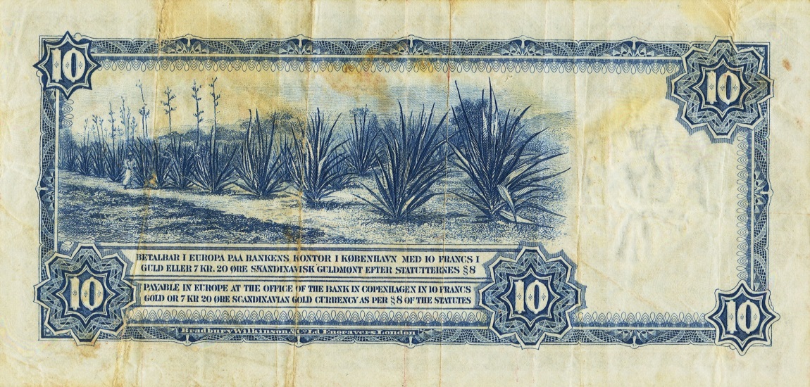 Back of Danish West Indies p18a: 10 Francs from 1905