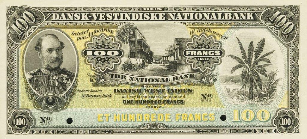Front of Danish West Indies p20a: 100 Francs from 1905