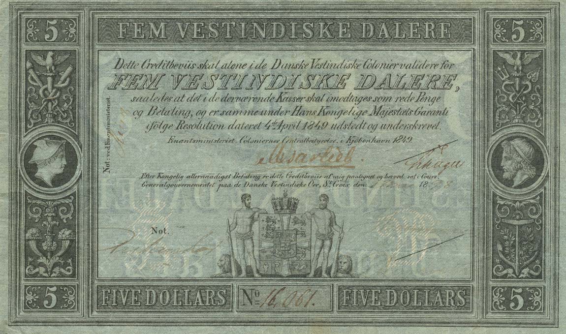Front of Danish West Indies p3: 5 Dalere from 1849