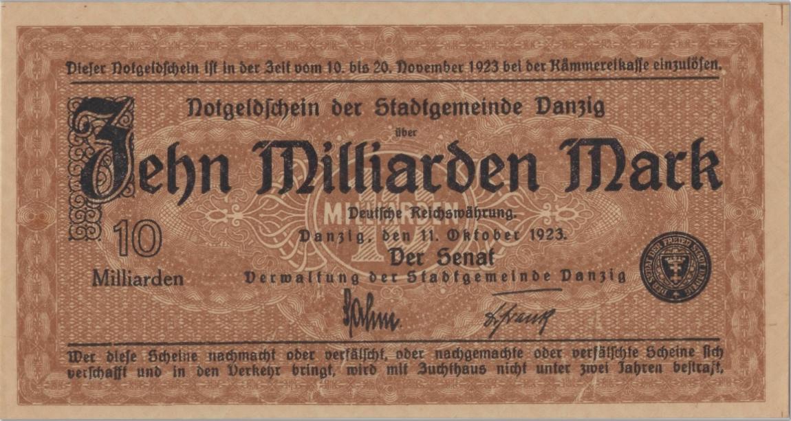 Front of Danzig p31a: 10000000000 Mark from 1923