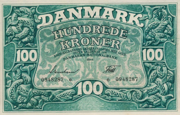 Front of Denmark p39a: 100 Kroner from 1944