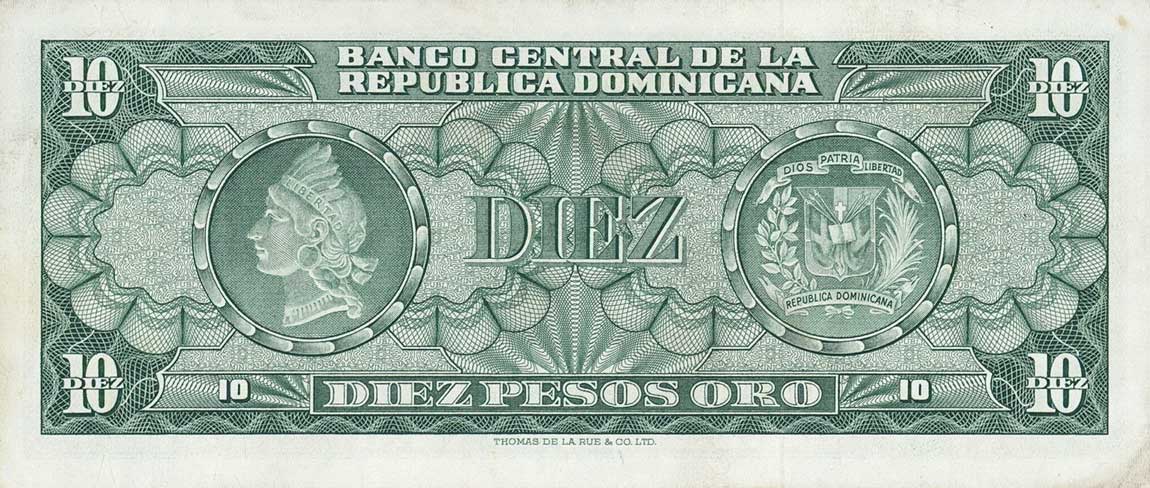 Back of Dominican Republic p101a: 10 Pesos Oro from 1964