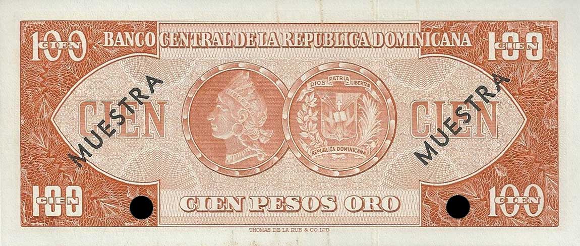 Back of Dominican Republic p104s2: 100 Pesos Oro from 1964