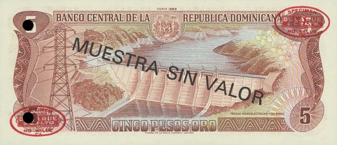 Back of Dominican Republic p118s3: 5 Pesos Oro from 1988