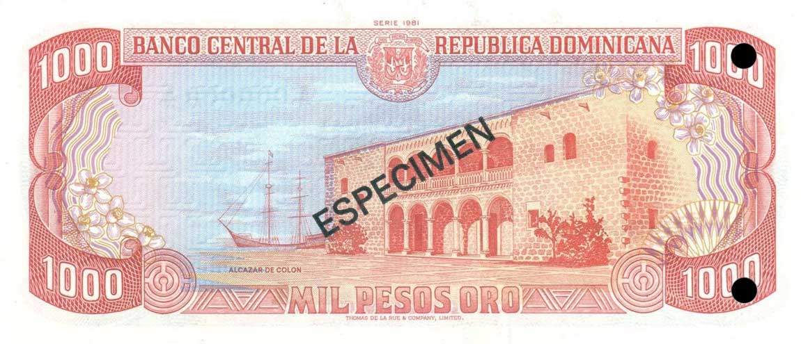Back of Dominican Republic p124s1: 1000 Pesos Oro from 1978