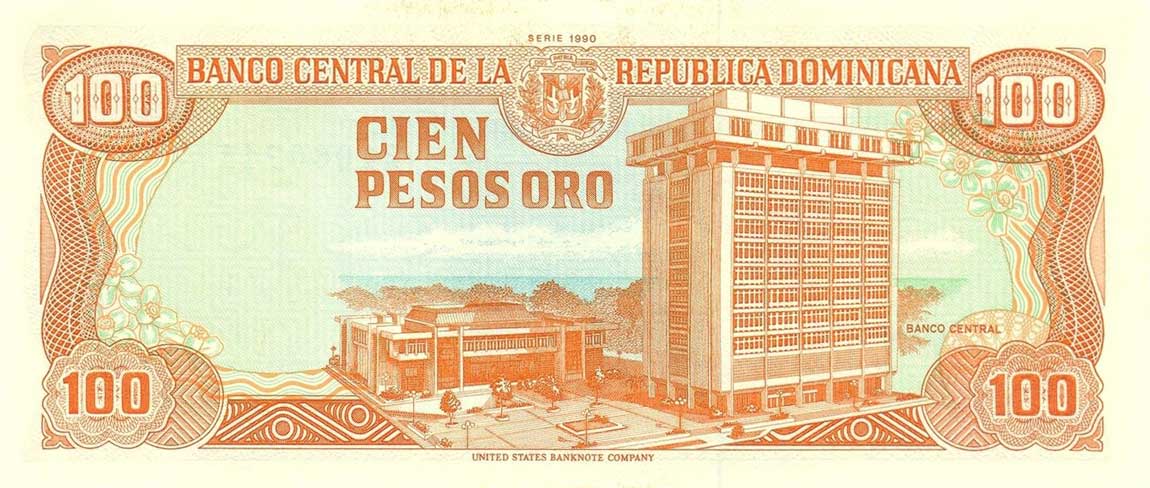 Back of Dominican Republic p128b: 100 Pesos Oro from 1990
