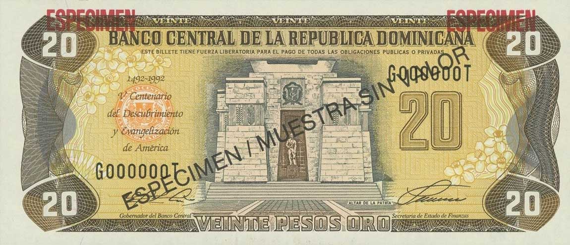 Front of Dominican Republic p139s: 20 Pesos Oro from 1992