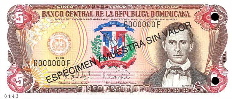 Front of Dominican Republic p152s1: 5 Pesos Oro from 1996