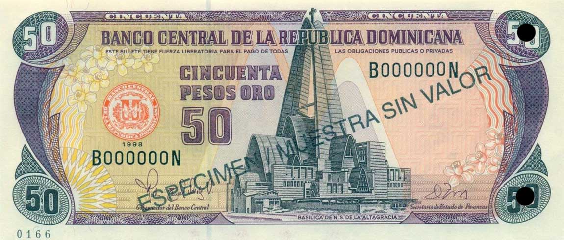 Front of Dominican Republic p155s2: 50 Pesos Oro from 1998
