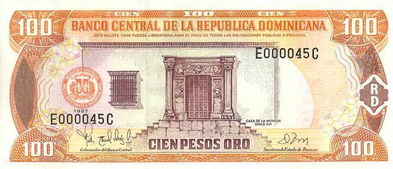 Front of Dominican Republic p156a: 100 Pesos Oro from 1997